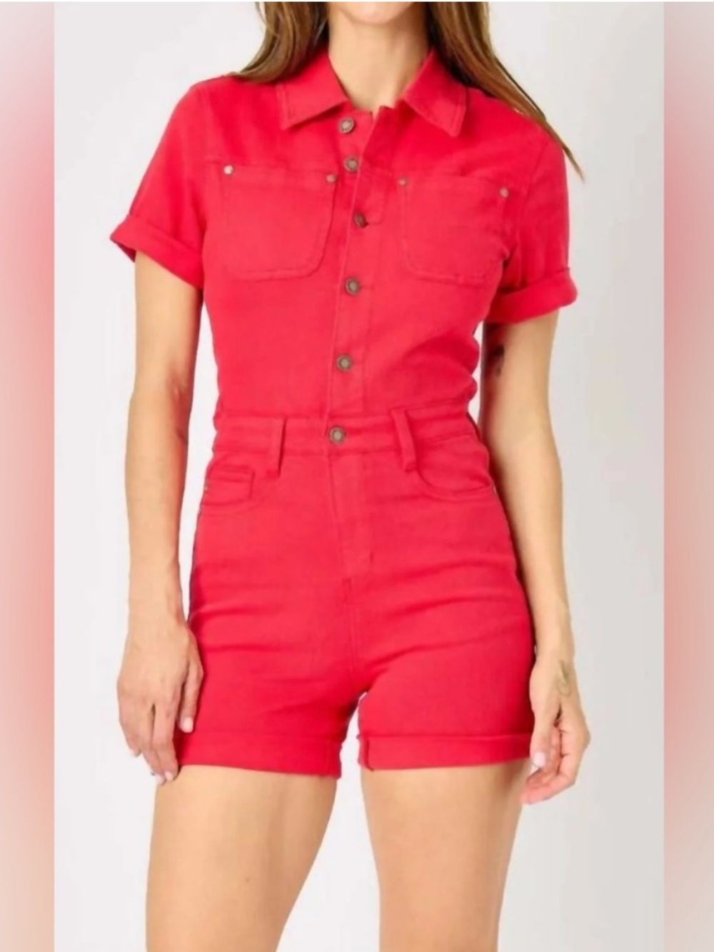 Judy Blue Women’s Medium Red Denim Short Sleeve Button Up Shorts Romper